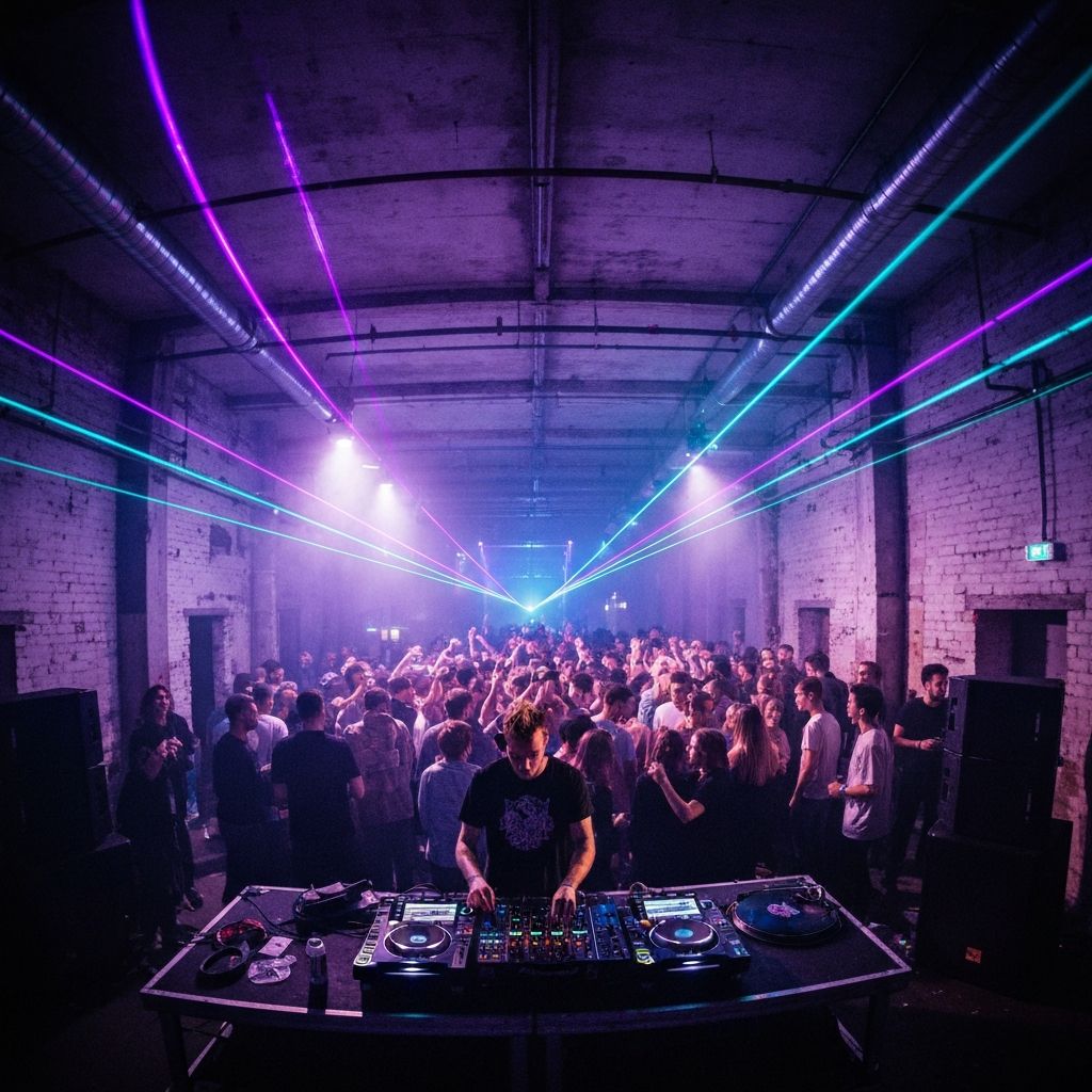 Behind the decks at warehouse party