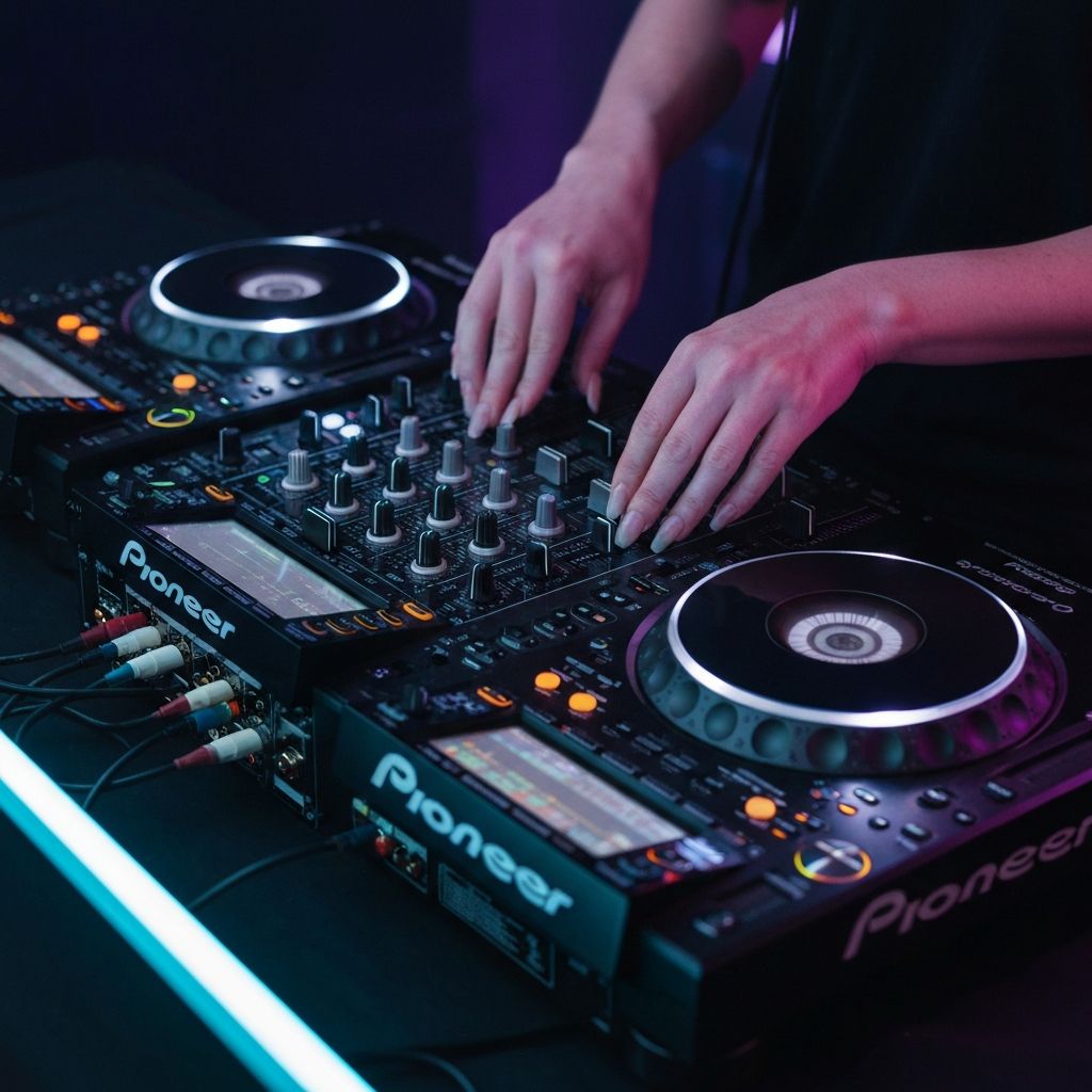 DJ booth with neon lighting